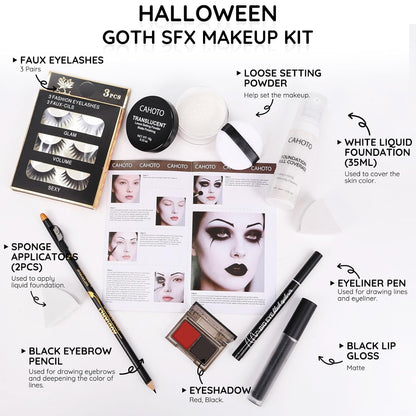 Halloween Goth SFX Makeup Kit, Complete Gothic Makeup Set Include White Liquid Foundation, Eyeliner, Setting Powder, Eyeshadow & Black Lipstick for Halloween Cosplay, Carnival, Theater