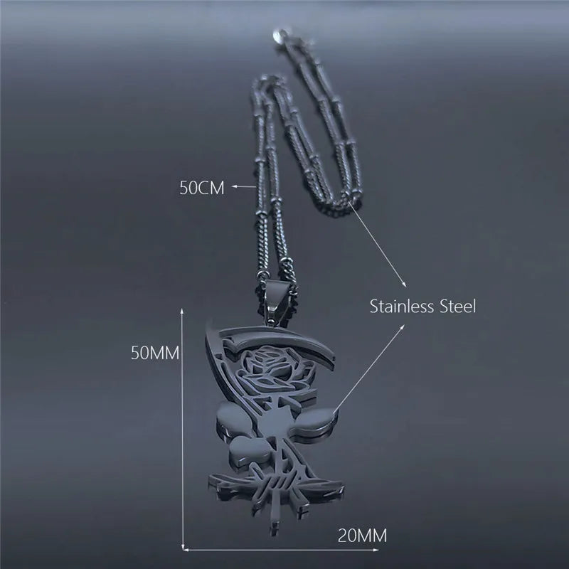 Goth Sickle Rose Flower Necklace for Women Men Stainless Steel Black Color Gothic Chain Aesthetic Jewelry Colier Femme N3834S02