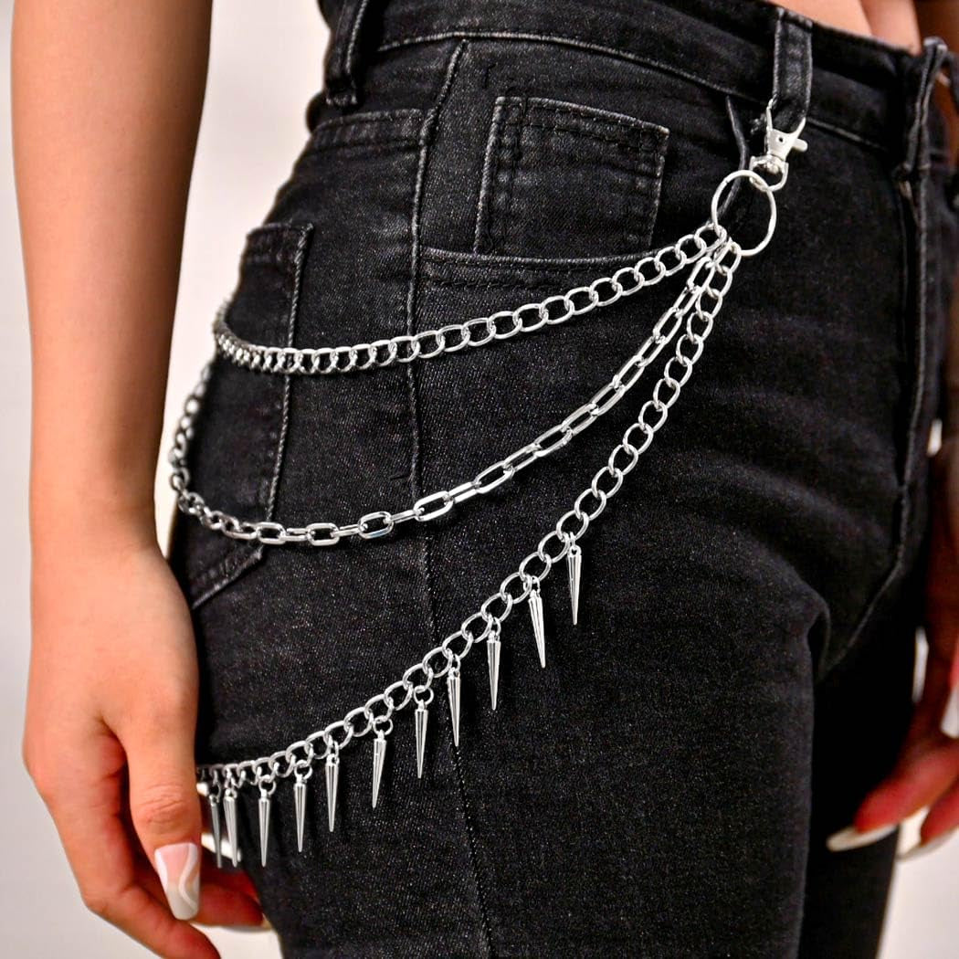Goth Pants Chain Silver Layered Jeans Chain Punk Rivet Wallet Chain Belt for Women and Men