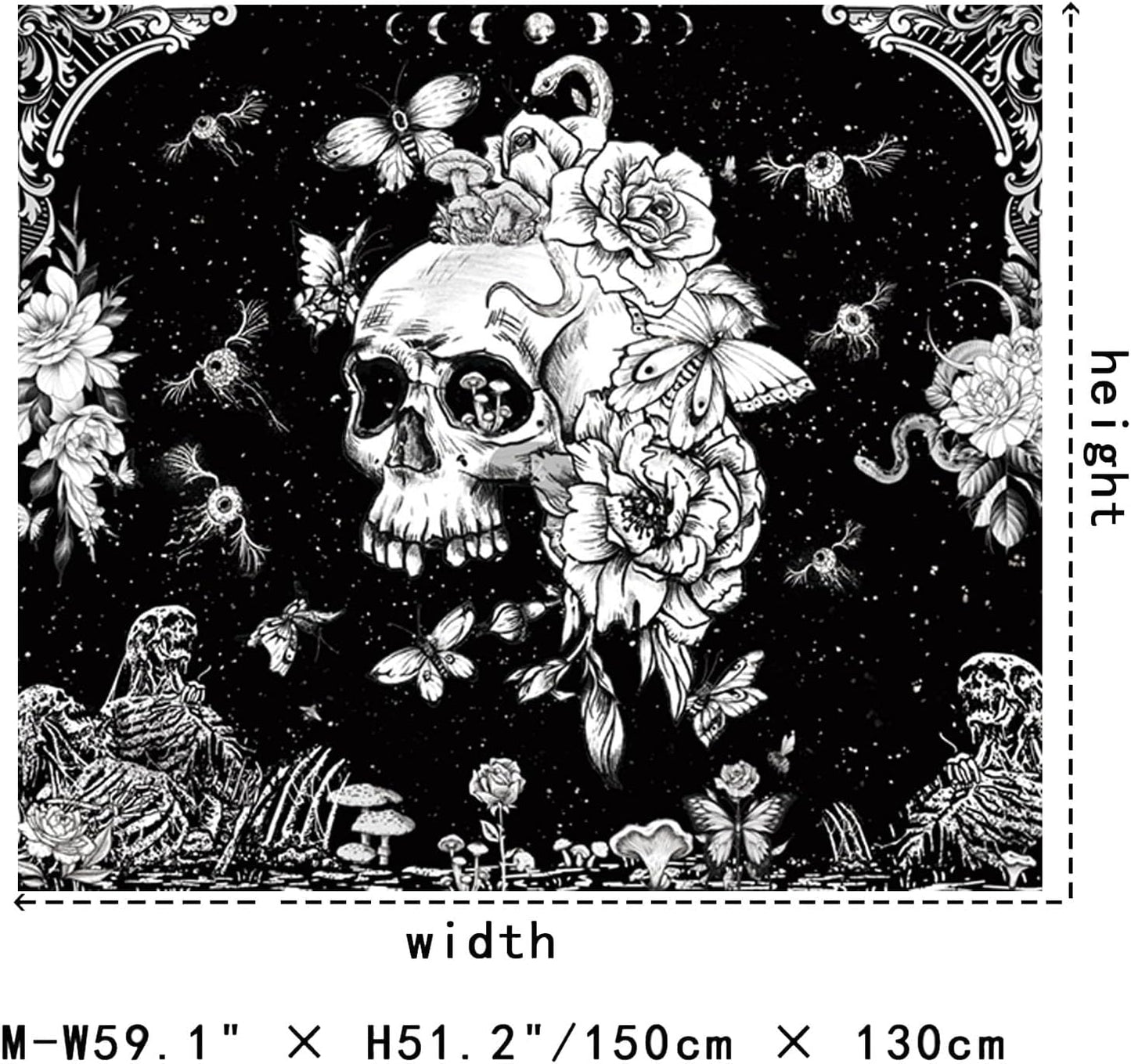 Black and White Gothic Tapestry for Bedroom Aesthetic, Skeleton Goth Witchy Tapestries Wall Hanging, Skull Floral Poster Backdrop for Living Gaming Room Dorm Decor 51In X 60In