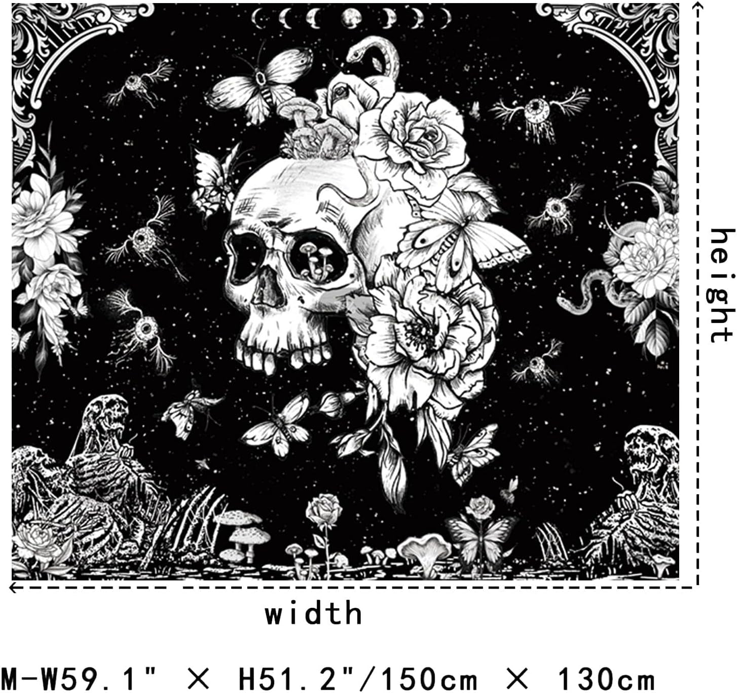 Black and White Gothic Tapestry for Bedroom Aesthetic, Skeleton Goth Witchy Tapestries Wall Hanging, Skull Floral Poster Backdrop for Living Gaming Room Dorm Decor 51In X 60In