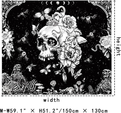 Black and White Gothic Tapestry for Bedroom Aesthetic, Skeleton Goth Witchy Tapestries Wall Hanging, Skull Floral Poster Backdrop for Living Gaming Room Dorm Decor 51In X 60In