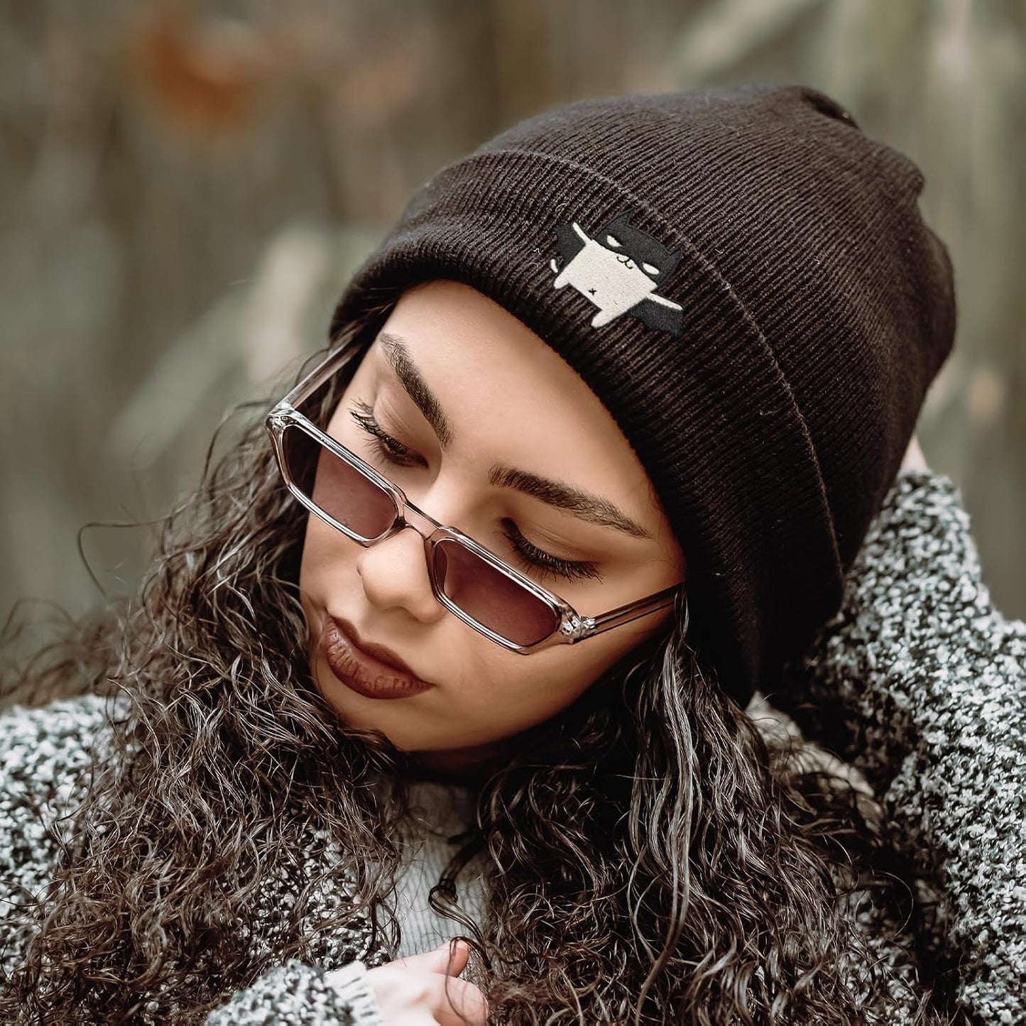 Embroidered cool knit beanie hat by Ikenacy featuring trendy design, perfect for winter fashion and emo or goth style lovers.