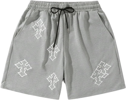 Men's Gothic Cross graphic workout shorts by VIPWOLF, featuring a drawstring waist and sporty design for running and track activities.