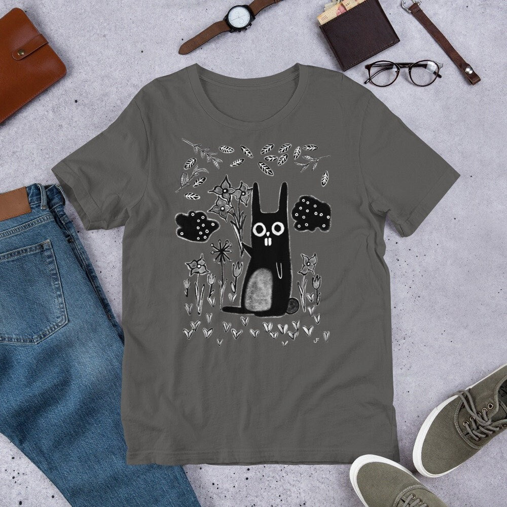 Whimsical garden rabbit T-shirt by PressureDen.store featuring a quirky gothic emo design, perfect for birthdays or housewarmings.