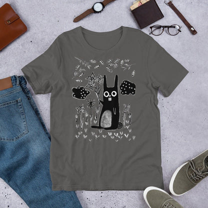 Whimsical garden rabbit T-shirt by PressureDen.store featuring a quirky gothic emo design, perfect for birthdays or housewarmings.