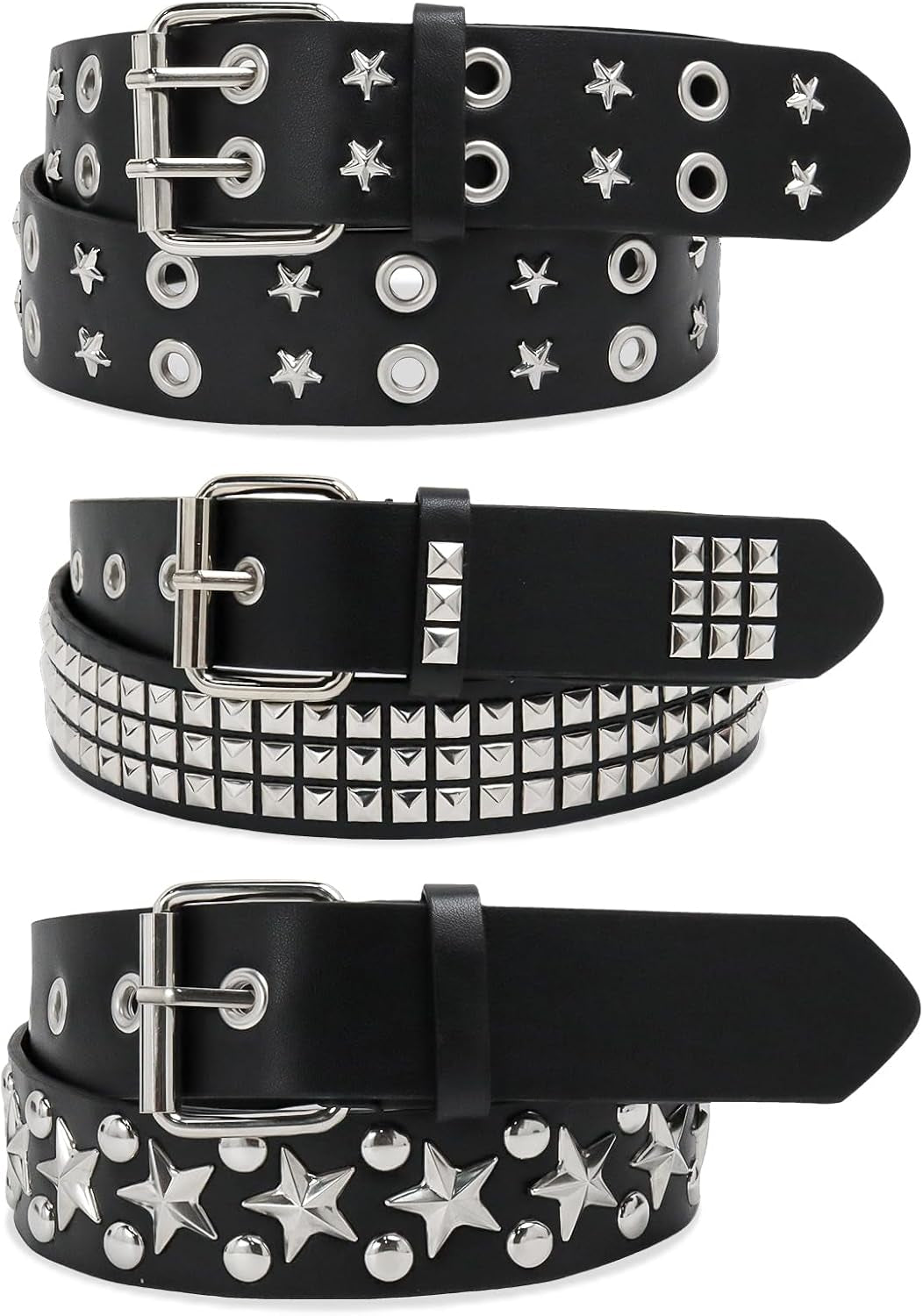 Black studded belt set with pyramid studs, double grommet design, stylish punk rock fashion for men and women by WQYILEAER