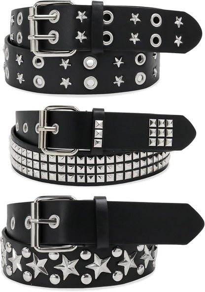 Black studded belt set with pyramid studs, double grommet design, stylish punk rock fashion for men and women by WQYILEAER