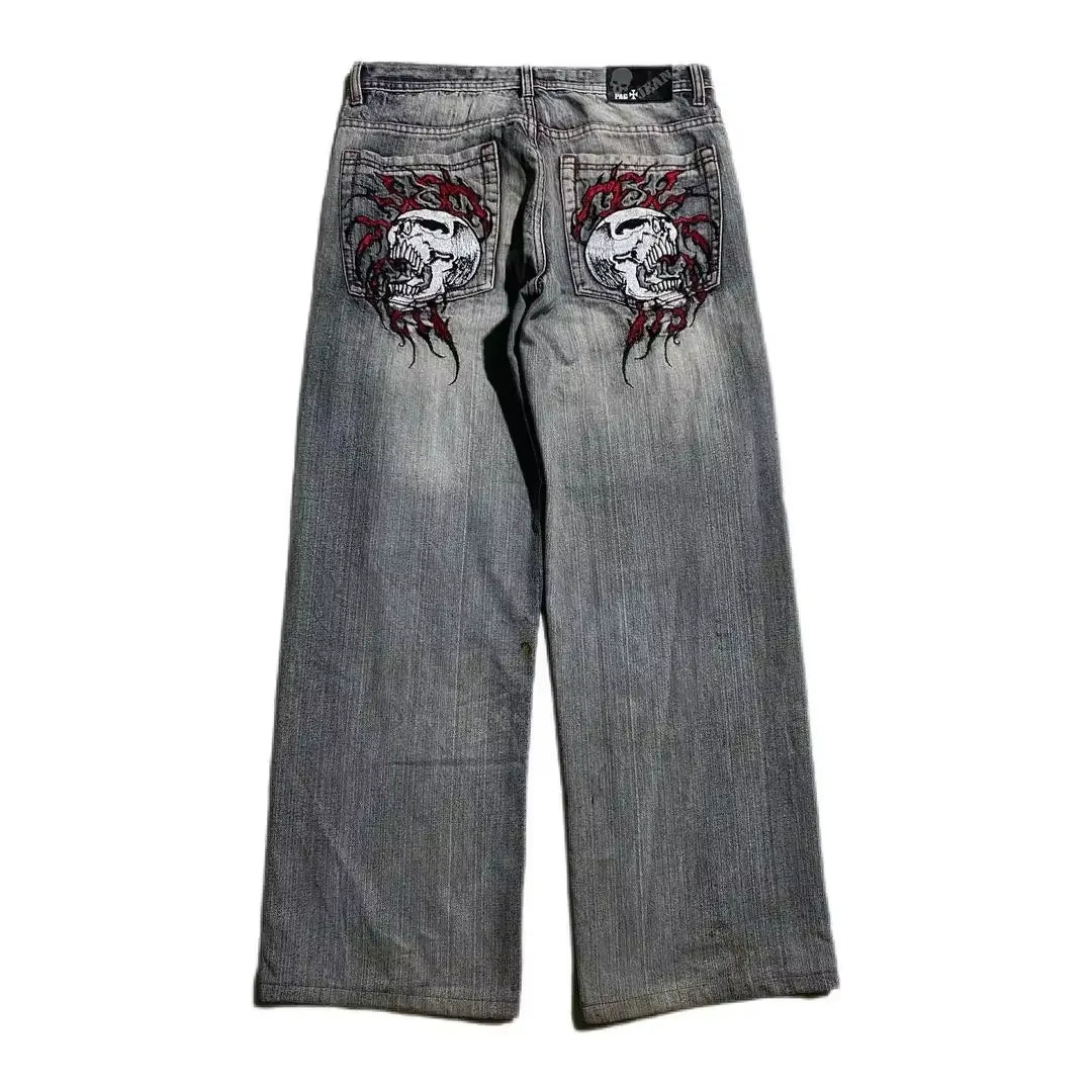 Y2K Harajuku baggy jeans with retro wing embroidery, high waist gothic wide trousers, stylish and trendy fashion by PressureDen.