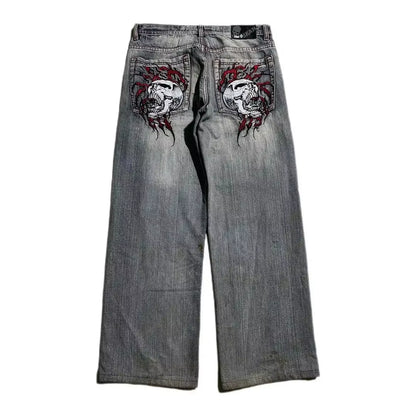 Y2K Harajuku baggy jeans with retro wing embroidery, high waist gothic wide trousers, stylish and trendy fashion by PressureDen.