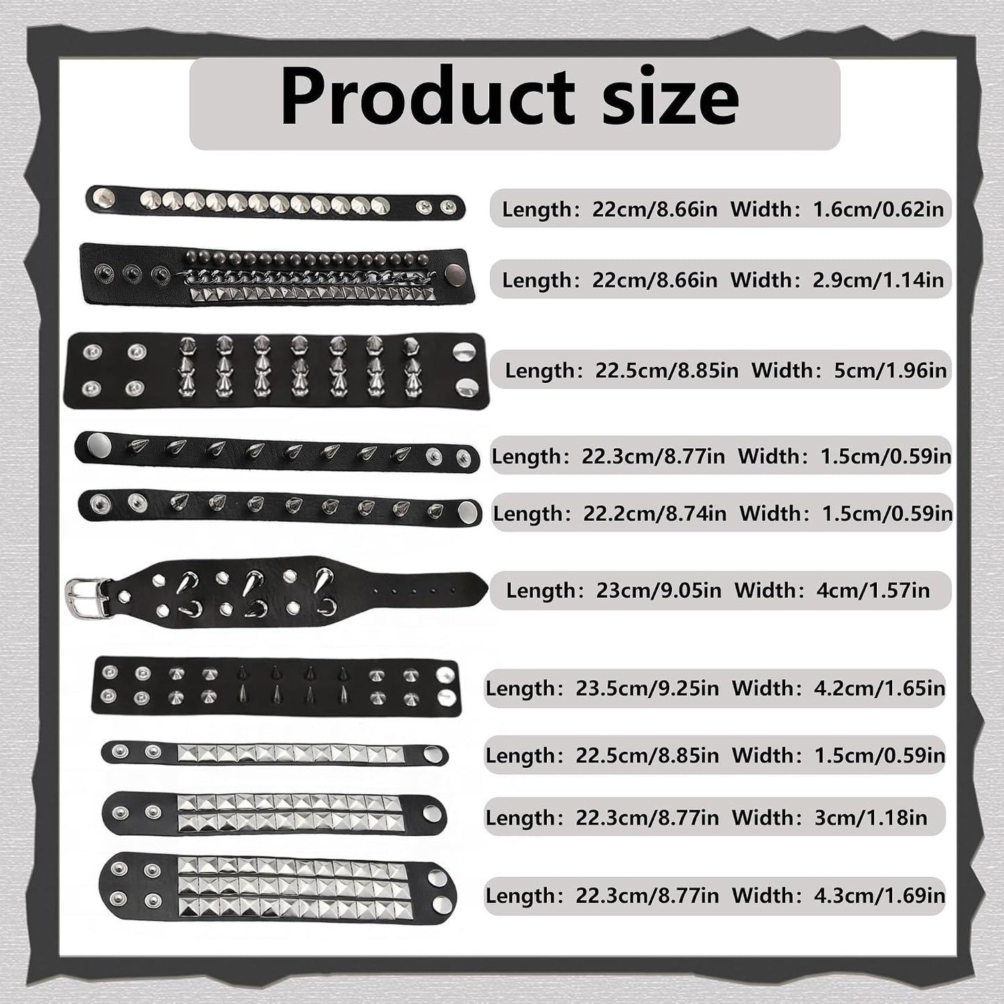 YMO edgy 10-piece studded bracelet set with black leather punk cuffs, perfect goth accessories for men and women.