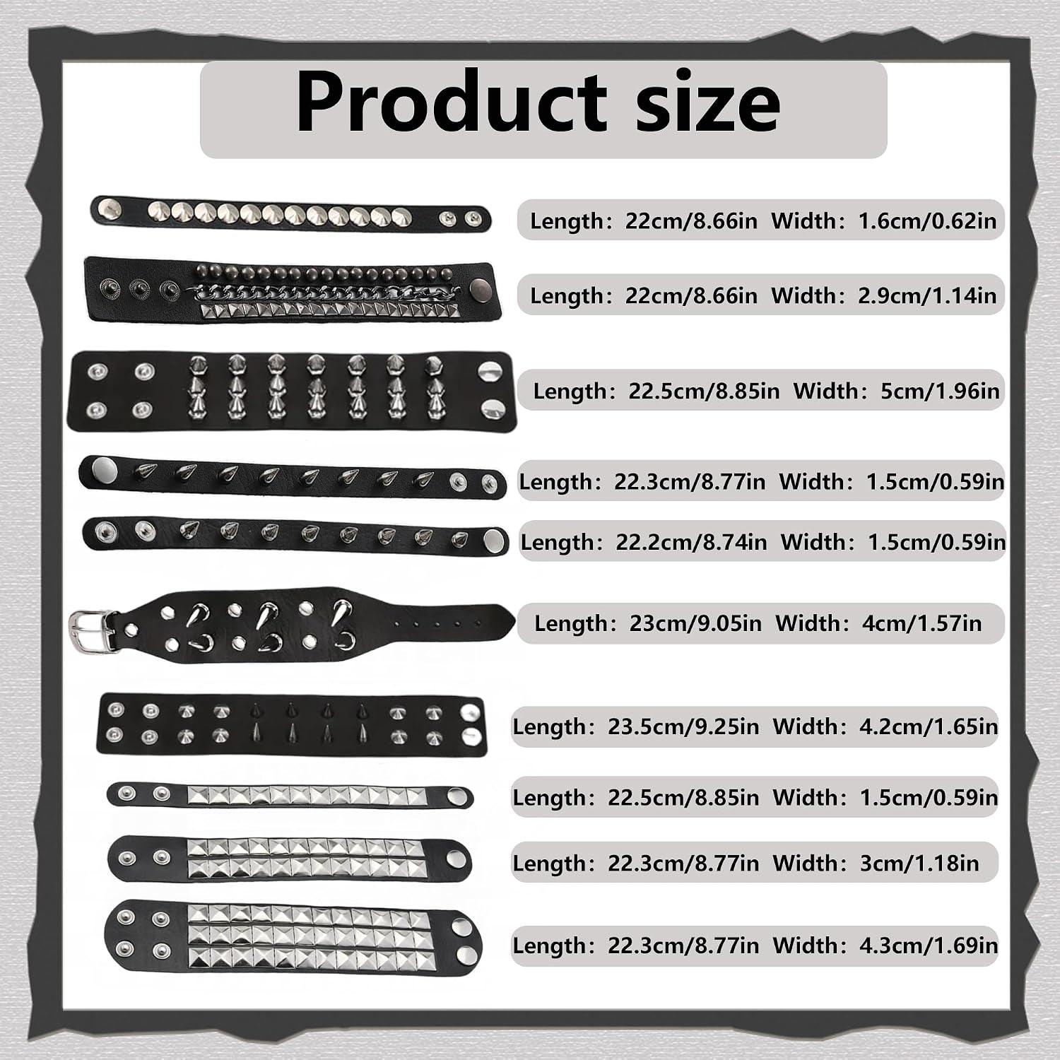 YMO edgy 10-piece studded bracelet set with black leather punk cuffs, perfect goth accessories for men and women.