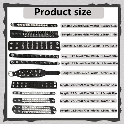 YMO edgy 10-piece studded bracelet set with black leather punk cuffs, perfect goth accessories for men and women.