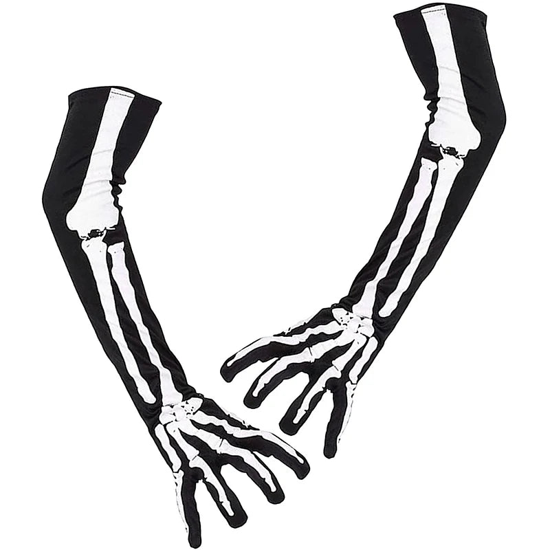 Glow in the dark skeleton skull gloves, unisex winter cosplay mittens featuring gothic style and Halloween-themed design.