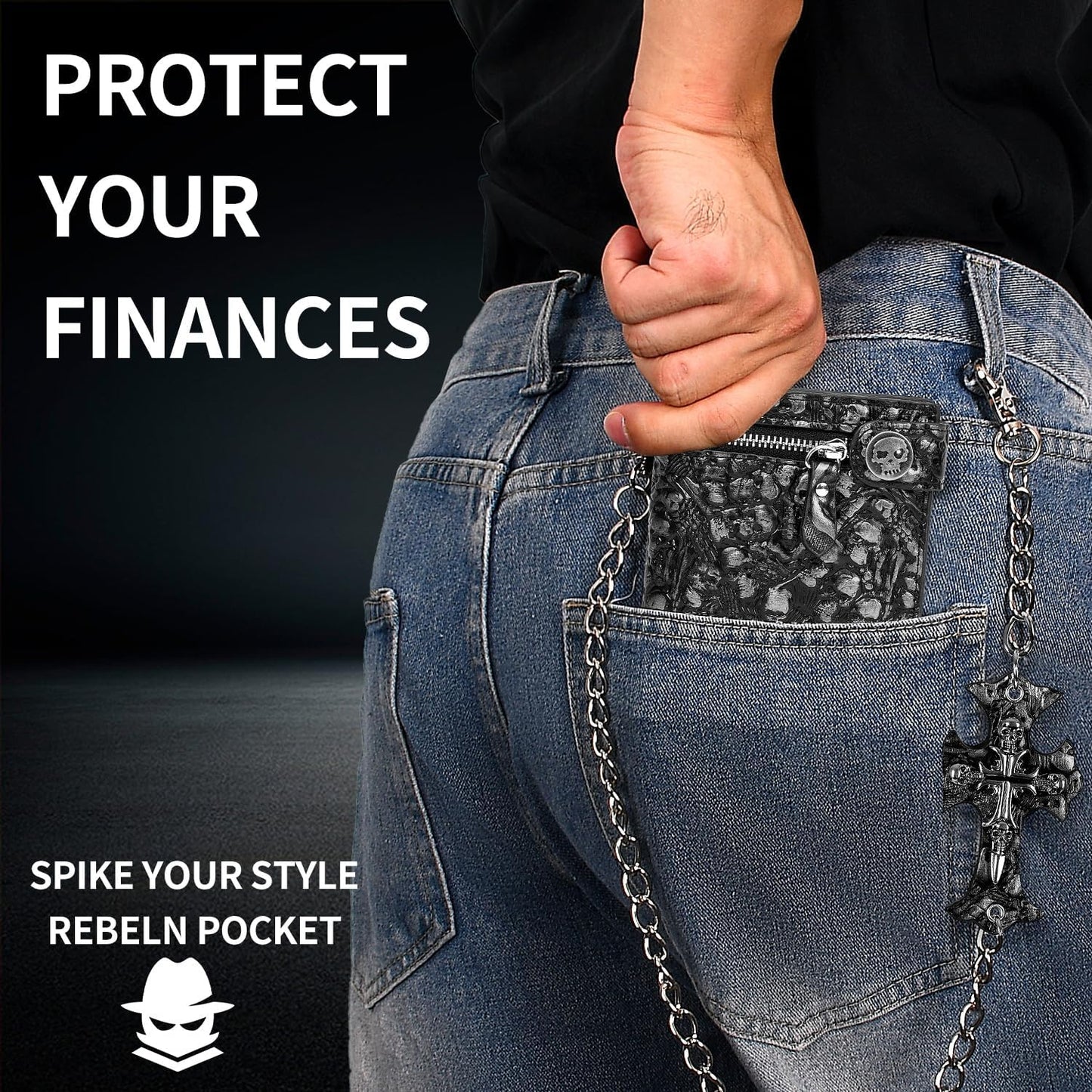 Unisex Gothic Punk Skull Chain Wallet by Girinme featuring silver skull design, faux leather bifold style, suitable for Halloween and daily use.