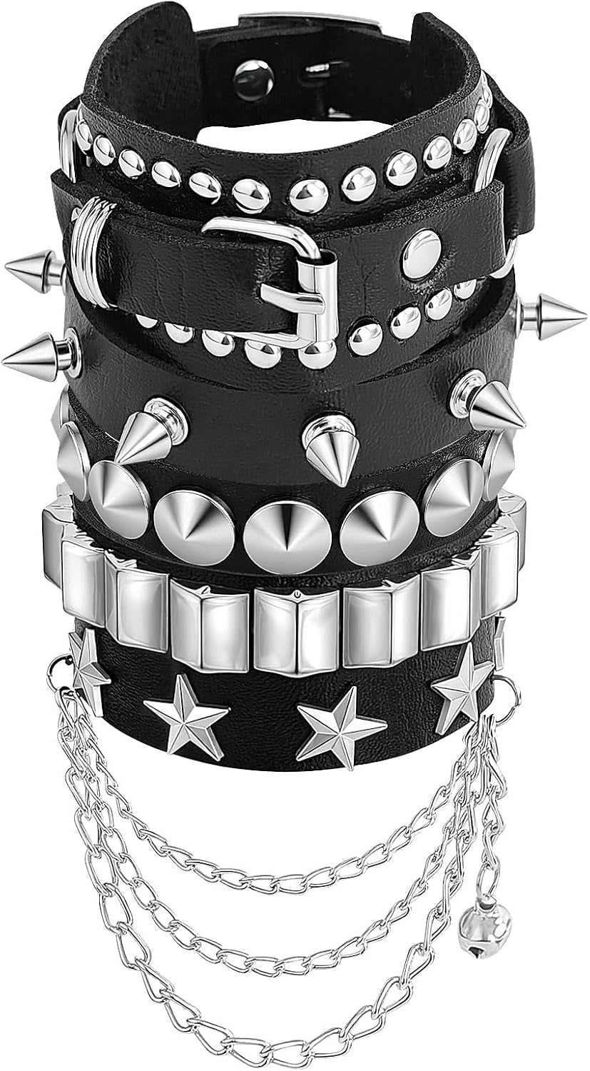 Spike Bracelet for Men & Women | Adjustable Black Leather Punk Bracelets with Studs & Rivets | Goth Rock Biker Wristband