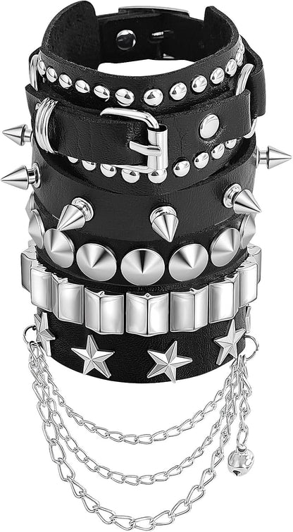 Spike Bracelet for Men & Women | Adjustable Black Leather Punk Bracelets with Studs & Rivets | Goth Rock Biker Wristband