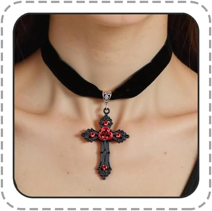 Gothic Cross Choker Necklace for Women Goth Emo Grunge Jewelry Accessories Y2K Red Black Halloween Christmas Gift