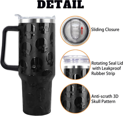 Goth Gifts Goth Tumbler Halloween Tumbler 40 Oz 3D-Printed Skull Gifts Cup for Women Men Spooky Skeleton Travel Mug with Handle Lid and Straw