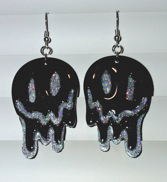 Melting Smiley Face Dangly Earrings - Dripping Glittery Happy Face Jewelry | Trippy Gothic Y2K Statement Pieces | Hypoallergenic and Eye-Catching