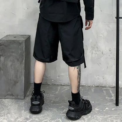 Black techwear cargo shorts with multiple pockets and ribbon belt, stylish Harajuku-inspired Bermuda for men, pressureDen.store.