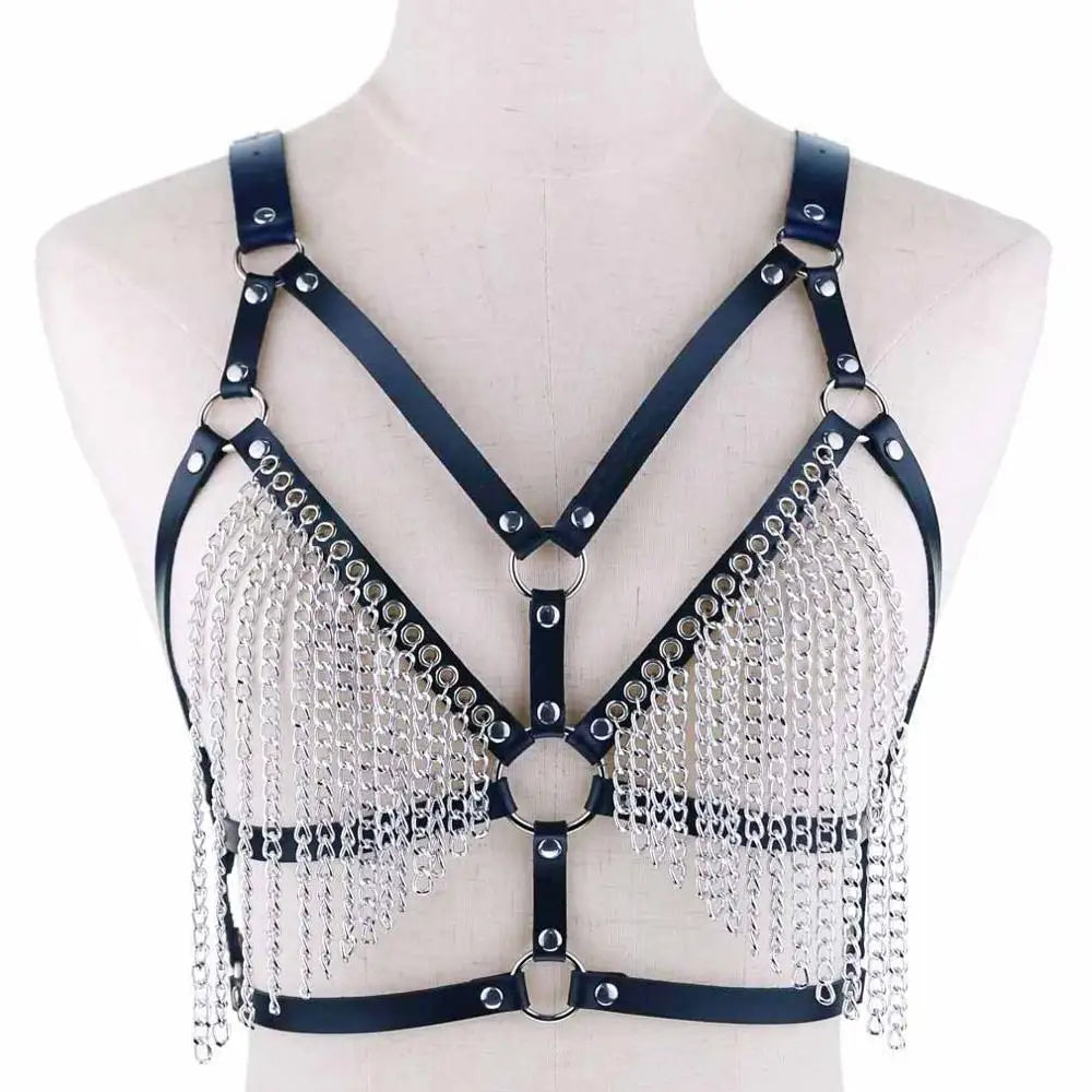 Leather Chain Harness Body Chain Bra Goth Punk Sexy Chain Top Women Body Jewelry Summer Festival Fashion Rave Outfit