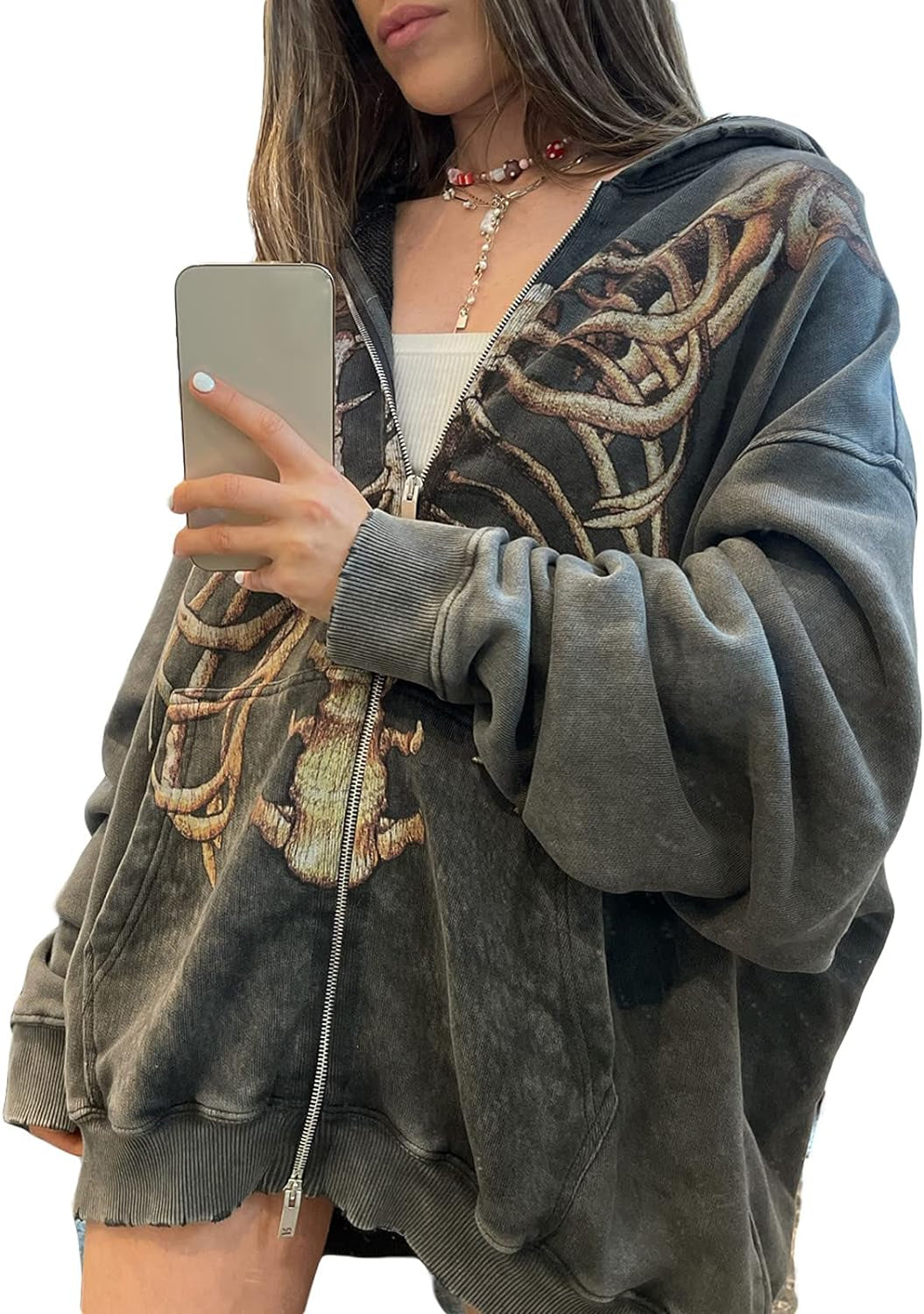 Grey Gothic Y2K aesthetic zip-up hoodie for couples with skull graphic, long sleeves, 90s style, size small, by PressureDen.store