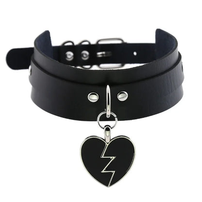 Black PU leather choker with heart rivets, Y2K goth punk necklace for trendy girls, featuring bold, edgy style.