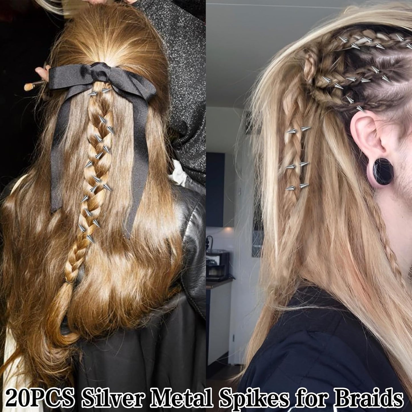 Pair of black goth hair clips with punk spiked metal accents, perfect for edgy hairstyles and alternative fashion by HINGTAI.