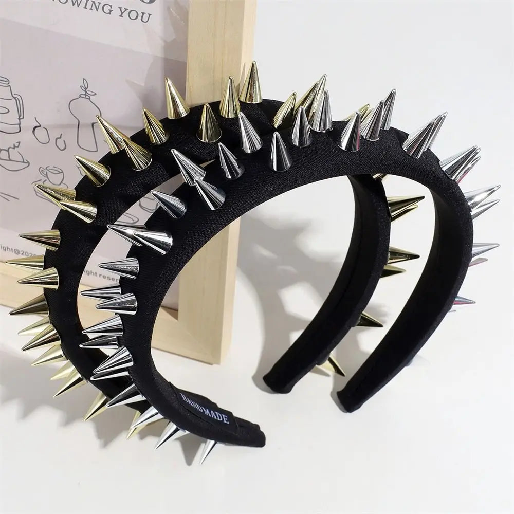 Silver and gold punk goth headband with rivets, stylish hair accessory for women, suitable for cosplay or everyday wear