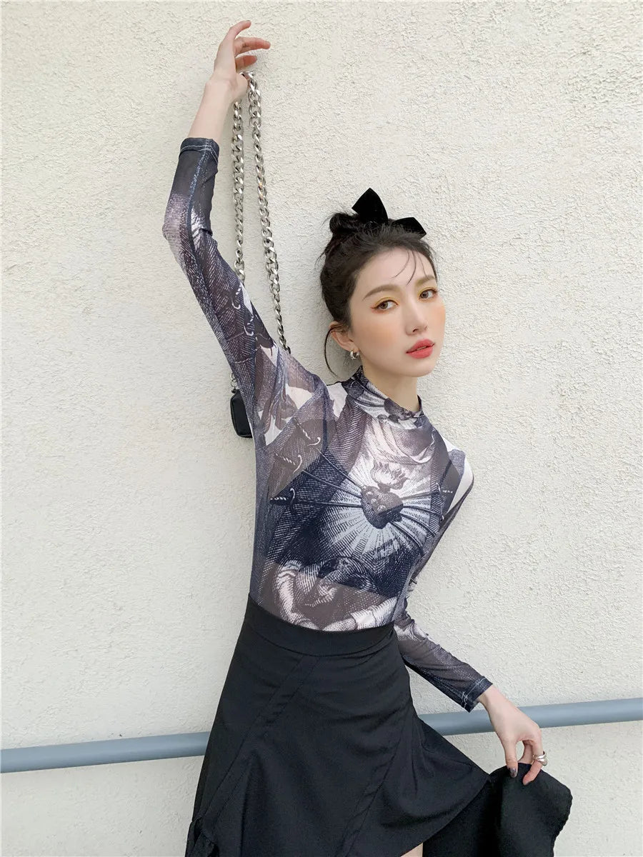 Gothic mesh long sleeve turtleneck top for women featuring stylish see-through graphic design by PressureDen.store