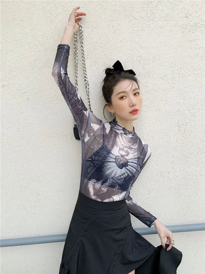 Gothic mesh long sleeve turtleneck top for women featuring stylish see-through graphic design by PressureDen.store