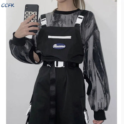 Gothic techwear cargo pants for women with high waist and detachable shorts, streetwear style, black fabric, stylish and functional.