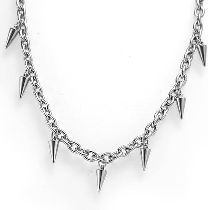 Tosmifairy punk rock stainless steel choker necklace with spikes, 7-piece Y2K goth jewelry set, edgy and bold accessory for alternative style.