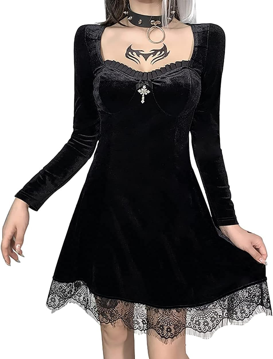 Gothic lace mini dress by PressureDen.store featuring sleeveless spaghetti straps, velvet fabric, and A-line silhouette for Halloween or summer.
