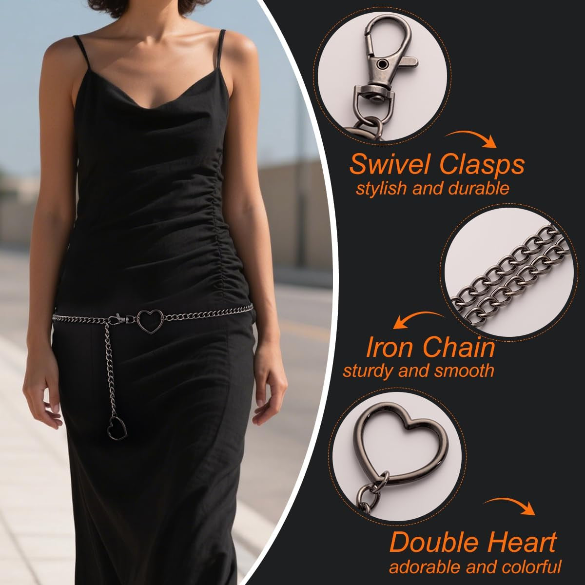 FNQUFUJ vintage heart waist chain, adjustable body jewelry draped over jeans and dresses, stylish accessory for effortless fashion.