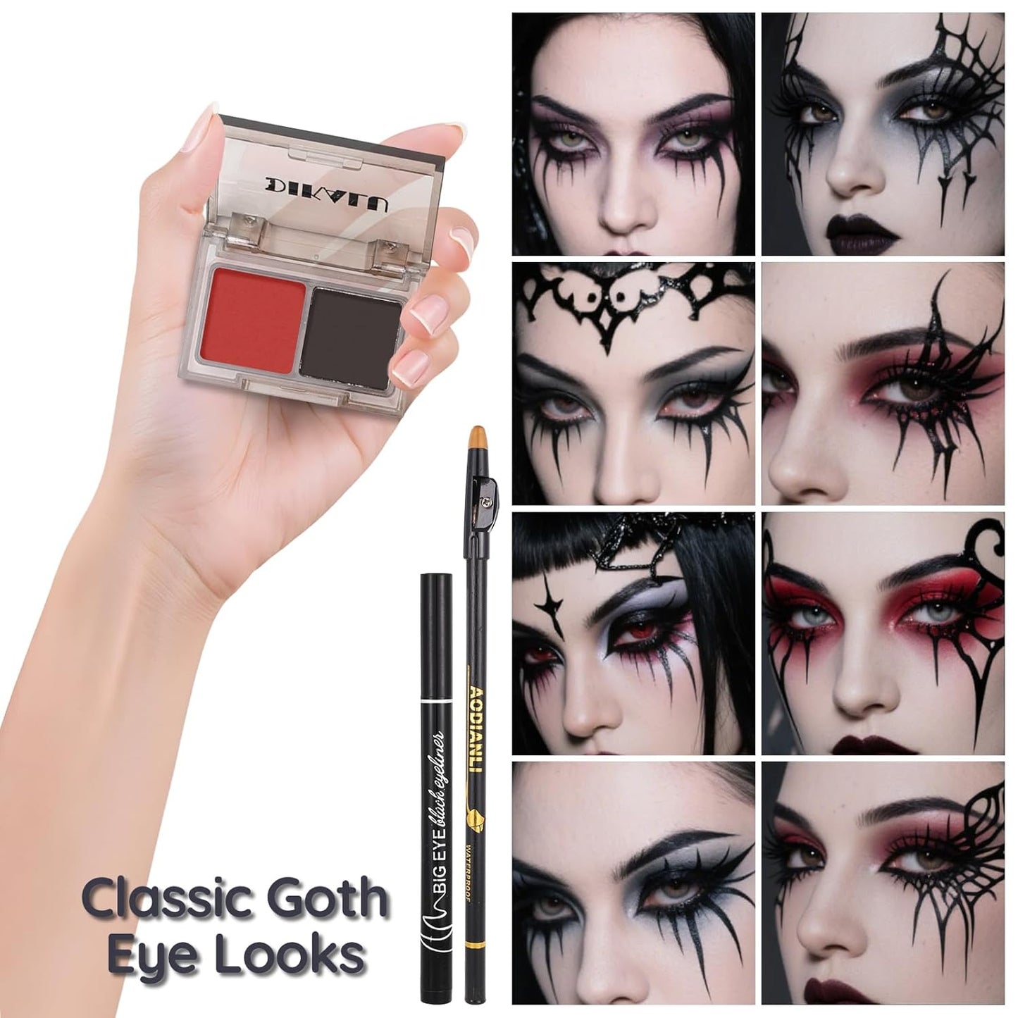 Halloween Goth SFX Makeup Kit, Complete Gothic Makeup Set Include White Liquid Foundation, Eyeliner, Setting Powder, Eyeshadow & Black Lipstick for Halloween Cosplay, Carnival, Theater