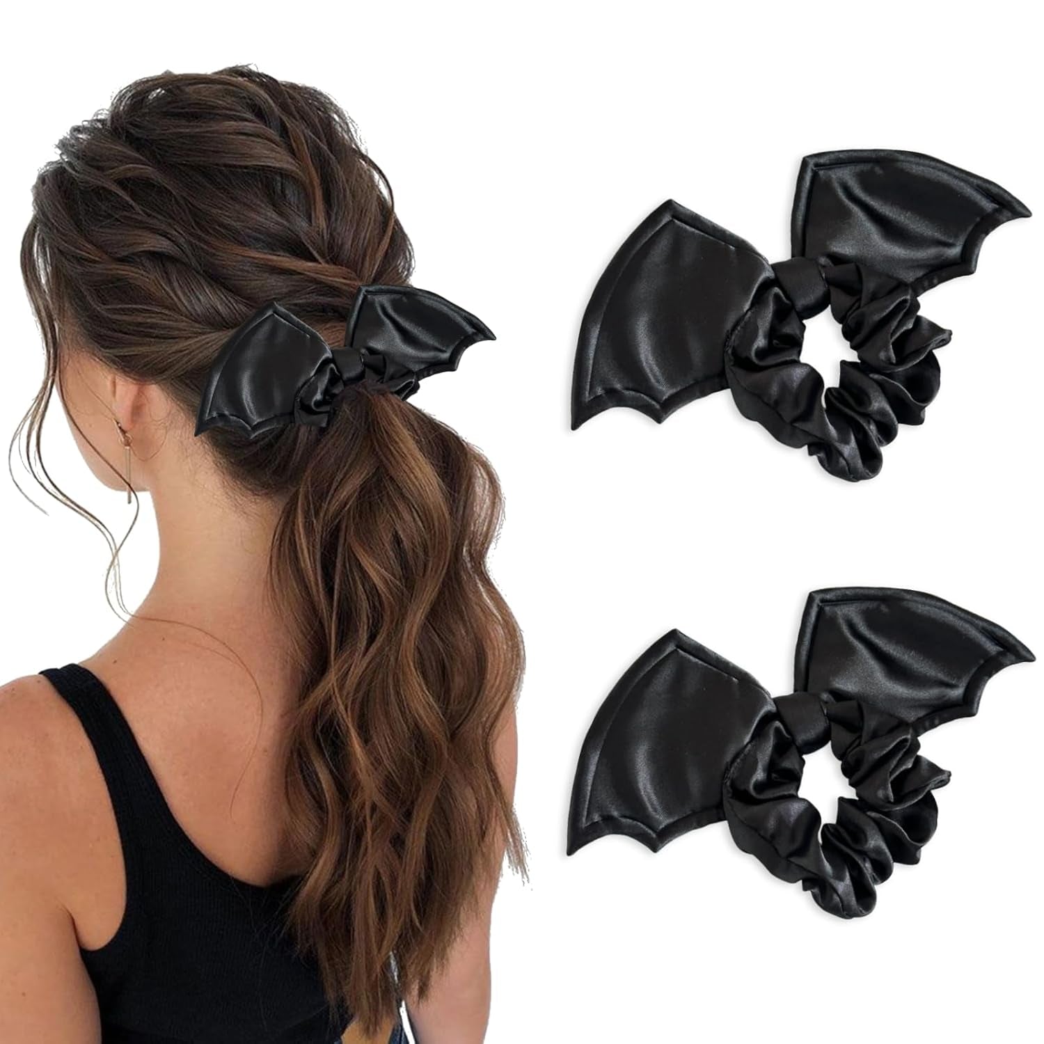 Black Gothic bat hair scrunchies by AIUPUOC, stylish elastic hair ties with bat designs for Halloween and gothic fashion.