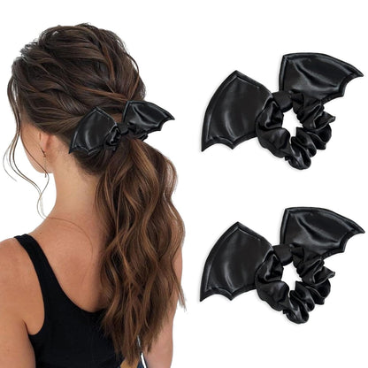 Black Gothic bat hair scrunchies by AIUPUOC, stylish elastic hair ties with bat designs for Halloween and gothic fashion.