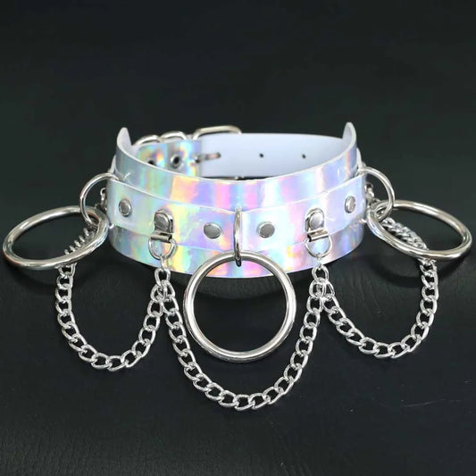 Holographic Rainbow Choker Necklace - Trendy Leather Collar for Rave & Festival Fashion