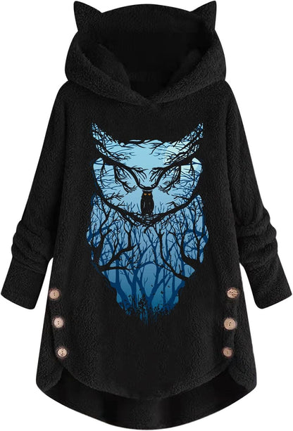 Cozy women's owl hoodie with cat ears, buttons, long sleeves, and stylish graphic print from LFEOOST.