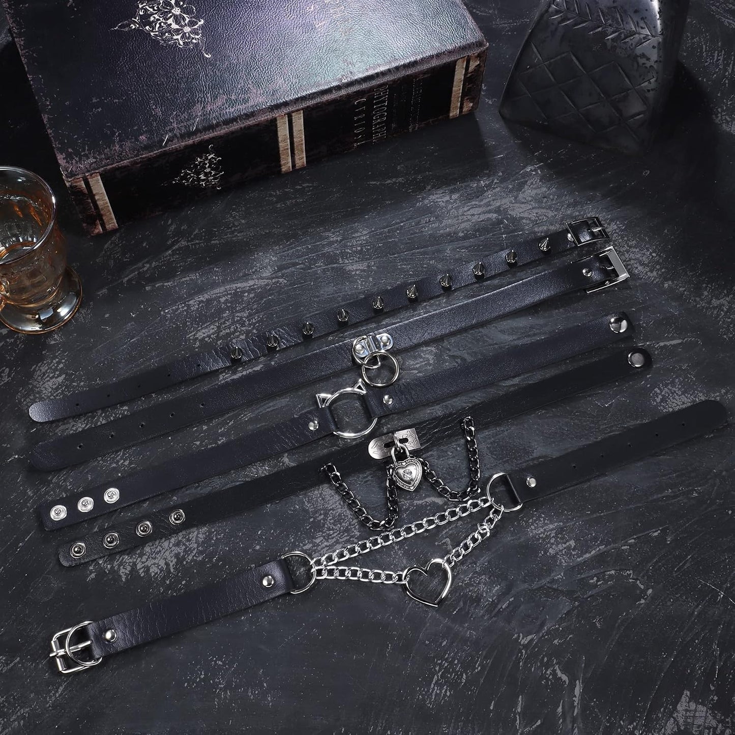 Edgy punk goth choker necklace set with heart spikes, adjustable PU collar, perfect for bold women, by HAIAISO.