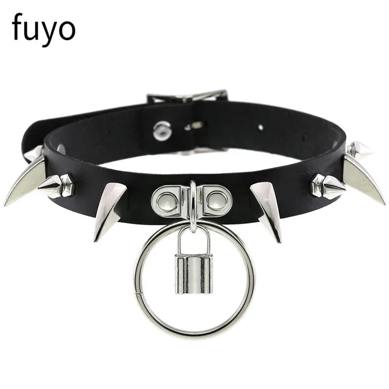 Black PU leather choker necklace with heart pendant, gothic punk jewelry, ideal for grunge style and party fashion.