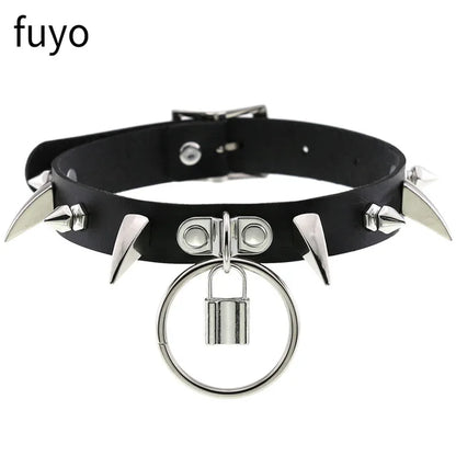 Black PU leather choker necklace with heart pendant, gothic punk jewelry, ideal for grunge style and party fashion.