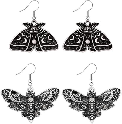 2 Pairs Goth Butterfly Dangle Earrings Luna Moth Earrings Crescent Moon Star Drop Earrings Punk Skull Pendant Earrings for Women - Silver