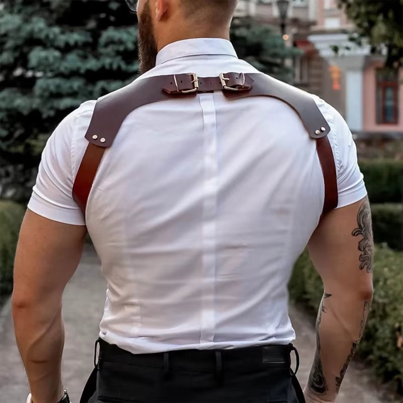 Punk Black Leather Chest Suspenders for Men - Adjustable Buckle Shoulder Straps for Club, Party, and Rave Costumes