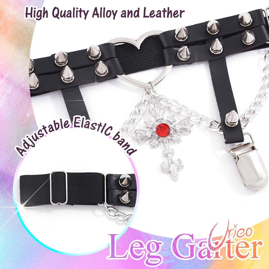 Cross Leg Garter with Buckle Anti-Slip Clips Heart Black Garter Belt Studded Gothic Elastic Adjustable Rave Thigh Harness for Women