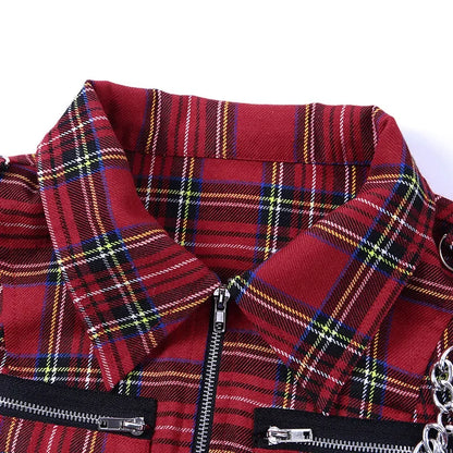 Gothic plaid crop top with zipper chain detail, trendy punk streetwear for women, by PressureDen.