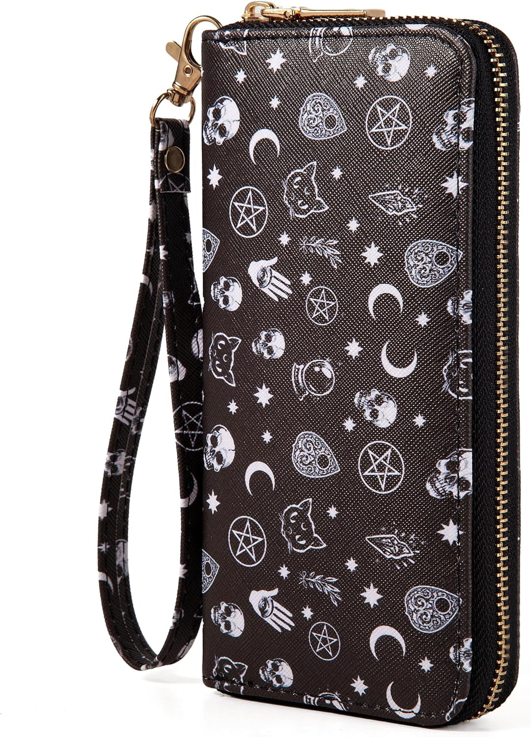 Fanwill checkered Highland Cow print clutch wallet with frog and butterfly design, zip closure, and wrist strap.