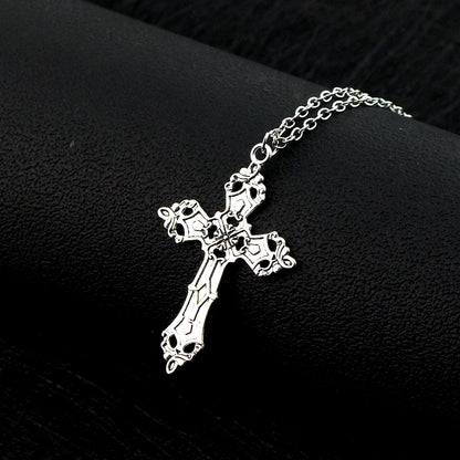 Vintage Baroque cross pendant necklace with gothic grunge chain, Y2K style jewelry for men and women, featuring detailed design.